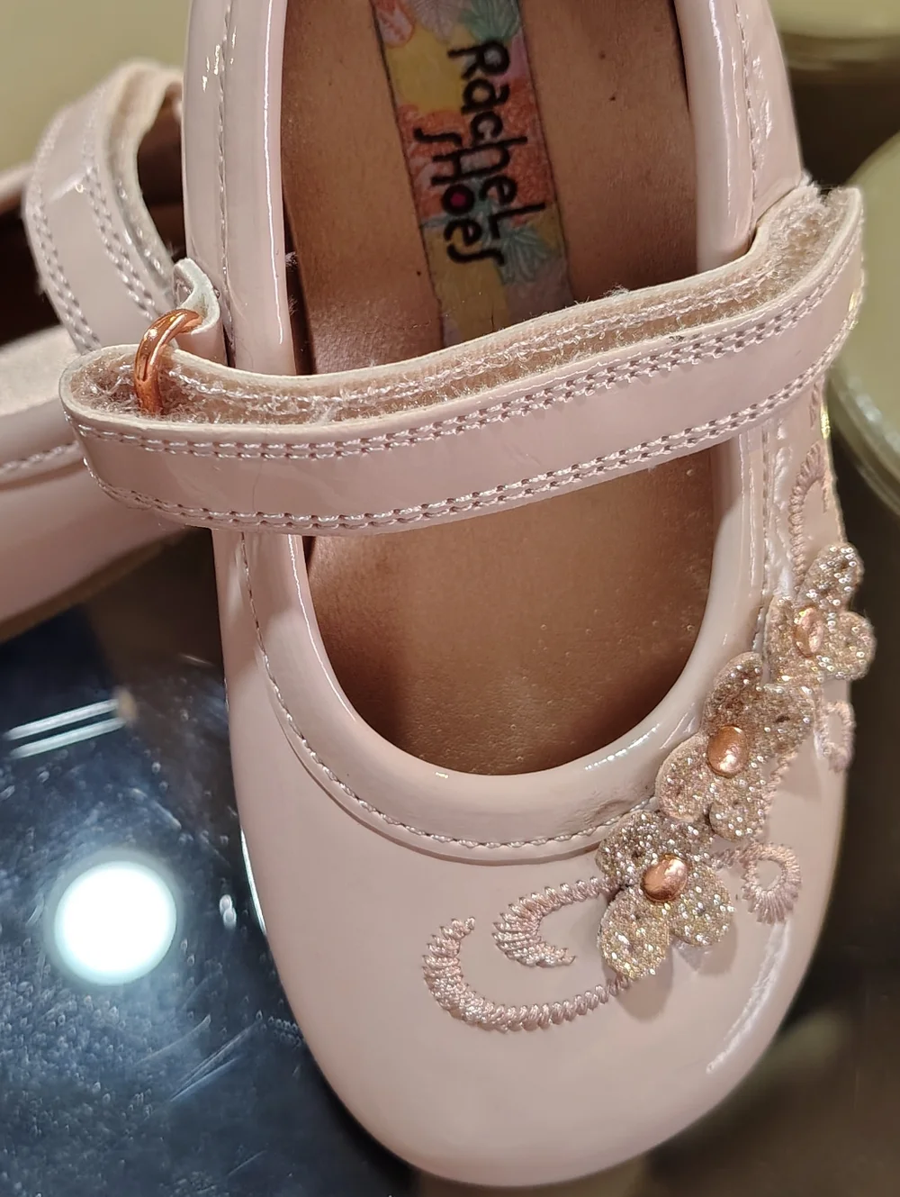 Rachel Ballet Pink Patent Mary Jane Dress Shoes w Floral Beading Toddler Sz 7